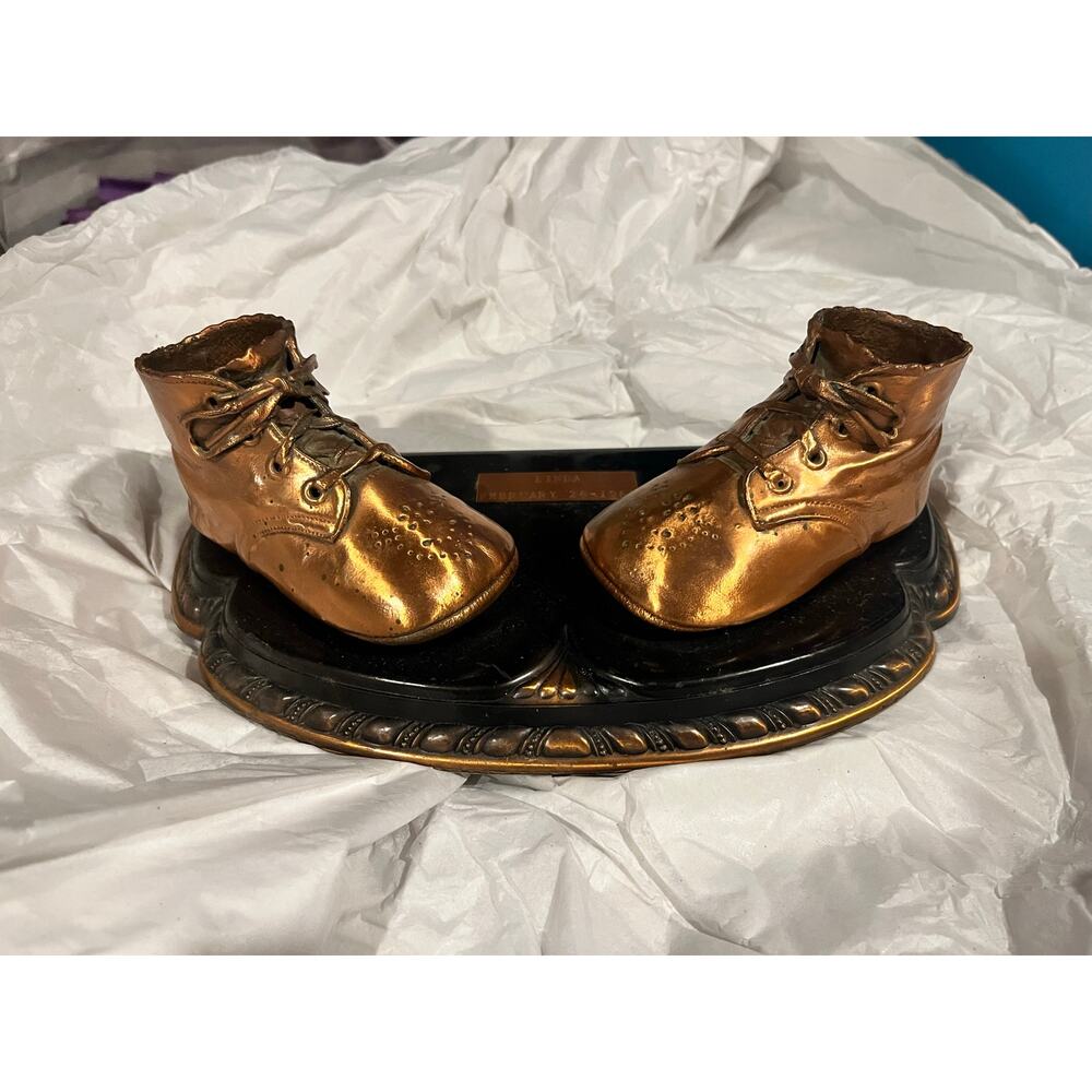 Antique Vintage Copper Baby Shoes collectible Statue Decor